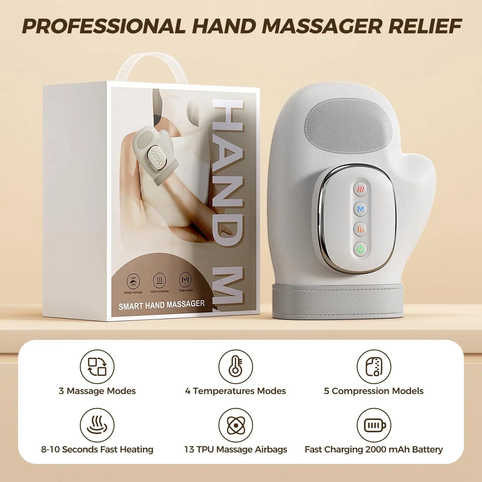 Electric Hand Massager Ｗith Airbag Compression Warm Heating Cordless Glove Massager Application for Palm Finger Relaxation Gift