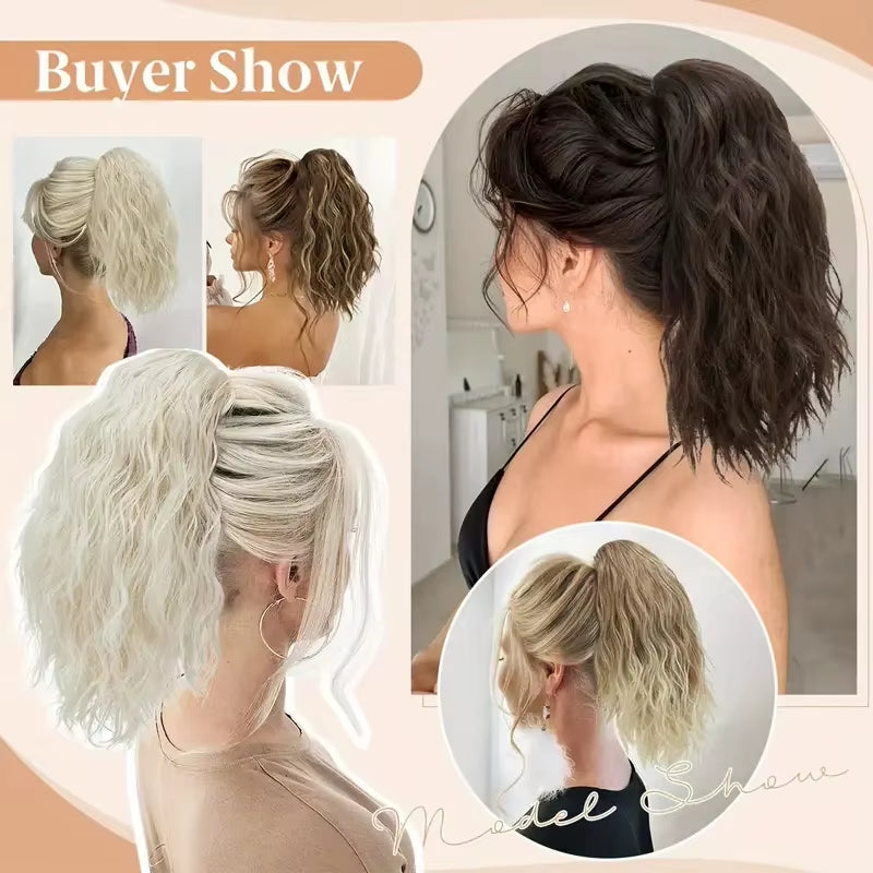 Synthetic 14Inch Short Wavy Brown Blonde Ponytail Hair Extension Claw Clip in Hairpiece Style for Women