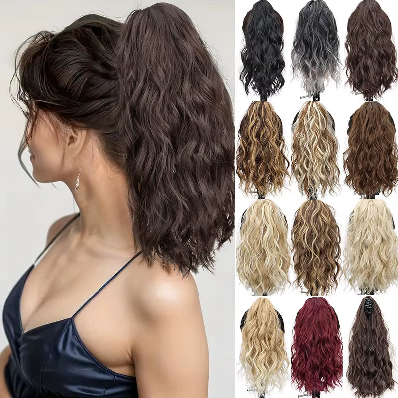 Synthetic 14Inch Short Wavy Brown Blonde Ponytail Hair Extension Claw Clip in Hairpiece Style for Women