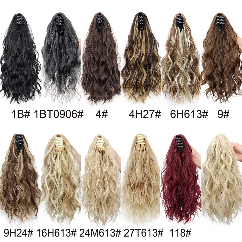 Synthetic 14Inch Short Wavy Brown Blonde Ponytail Hair Extension Claw Clip in Hairpiece Style for Women